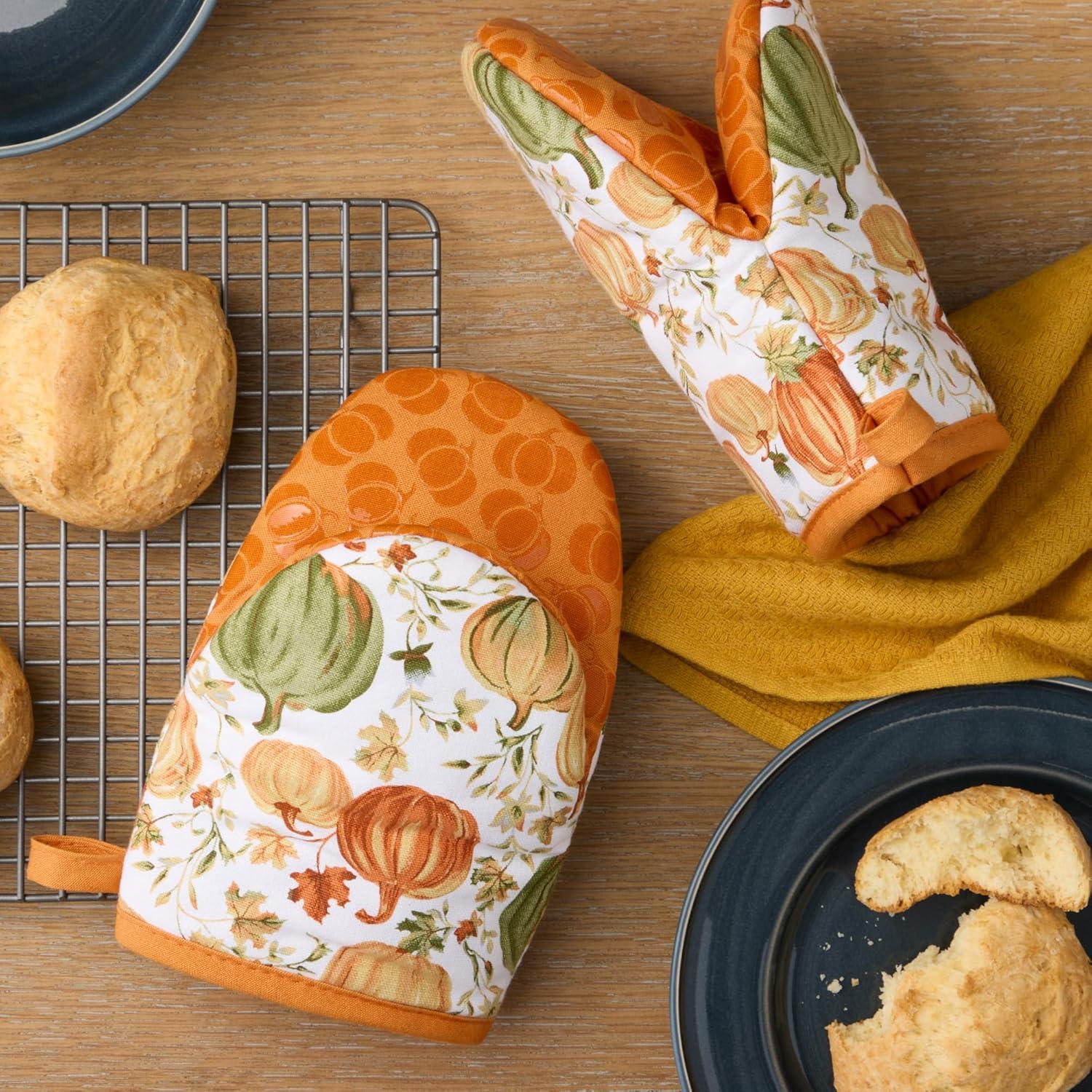 imageMARTHA STEWART Autumn Harvest Pumpkins Mini Oven Mitt 2Pack Set 100 Cotton with Decorative NonSlip Silicone Grip Heat Resistant OrangeGreenIvory 55quotX8quotOrangeGreenIvory