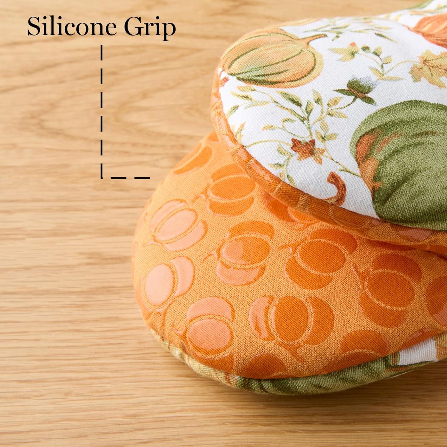 imageMARTHA STEWART Autumn Harvest Pumpkins Mini Oven Mitt 2Pack Set 100 Cotton with Decorative NonSlip Silicone Grip Heat Resistant OrangeGreenIvory 55quotX8quotOrangeGreenIvory