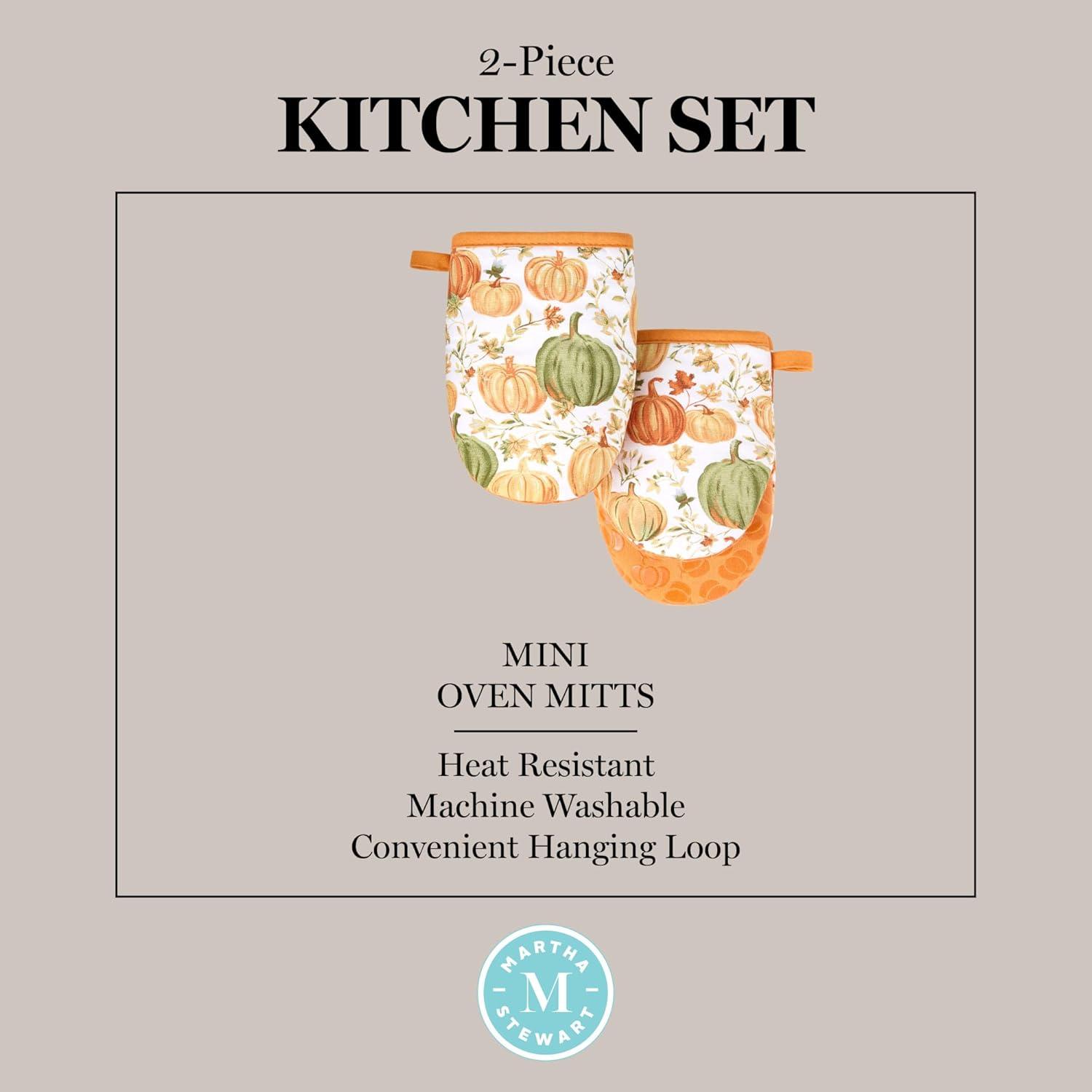 imageMARTHA STEWART Autumn Harvest Pumpkins Mini Oven Mitt 2Pack Set 100 Cotton with Decorative NonSlip Silicone Grip Heat Resistant OrangeGreenIvory 55quotX8quotOrangeGreenIvory