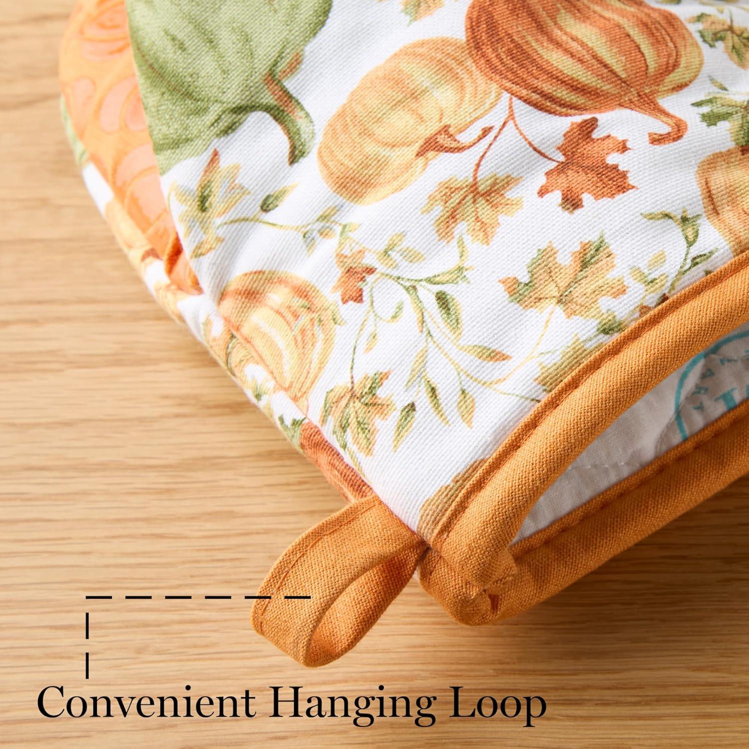 imageMARTHA STEWART Autumn Harvest Pumpkins Mini Oven Mitt 2Pack Set 100 Cotton with Decorative NonSlip Silicone Grip Heat Resistant OrangeGreenIvory 55quotX8quotOrangeGreenIvory