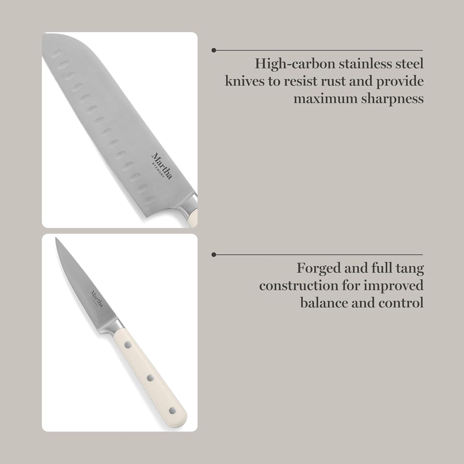 imageMARTHA STEWART Eastwalk 14 Piece High Carbon Stainless Steel Cutlery Kitchen Knife Block Set wABS Triple Riveted Forged Handle Acacia Wood Block Linen WhiteLinen