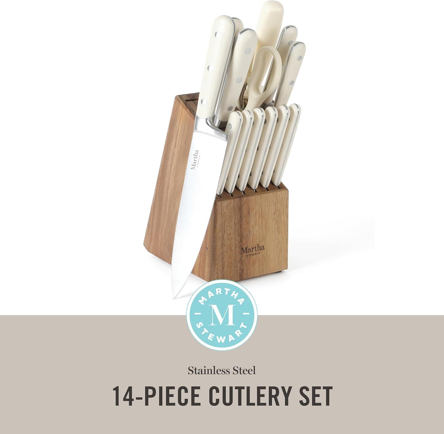imageMARTHA STEWART Eastwalk 14 Piece High Carbon Stainless Steel Cutlery Kitchen Knife Block Set wABS Triple Riveted Forged Handle Acacia Wood Block Linen WhiteLinen