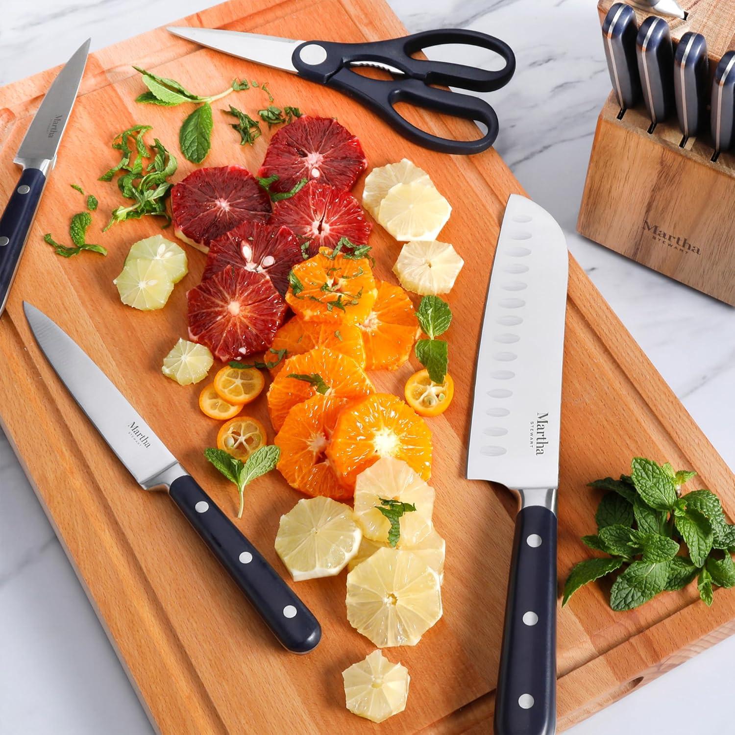 imageMARTHA STEWART Eastwalk 14 Piece High Carbon Stainless Steel Cutlery Kitchen Knife Block Set wABS Triple Riveted Forged Handle Acacia Wood Block Linen WhiteNavy Blue