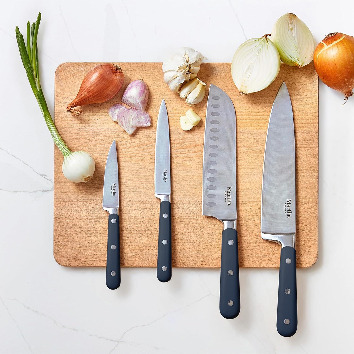 imageMARTHA STEWART Eastwalk 14 Piece High Carbon Stainless Steel Cutlery Kitchen Knife Block Set wABS Triple Riveted Forged Handle Acacia Wood Block Linen WhiteNavy Blue