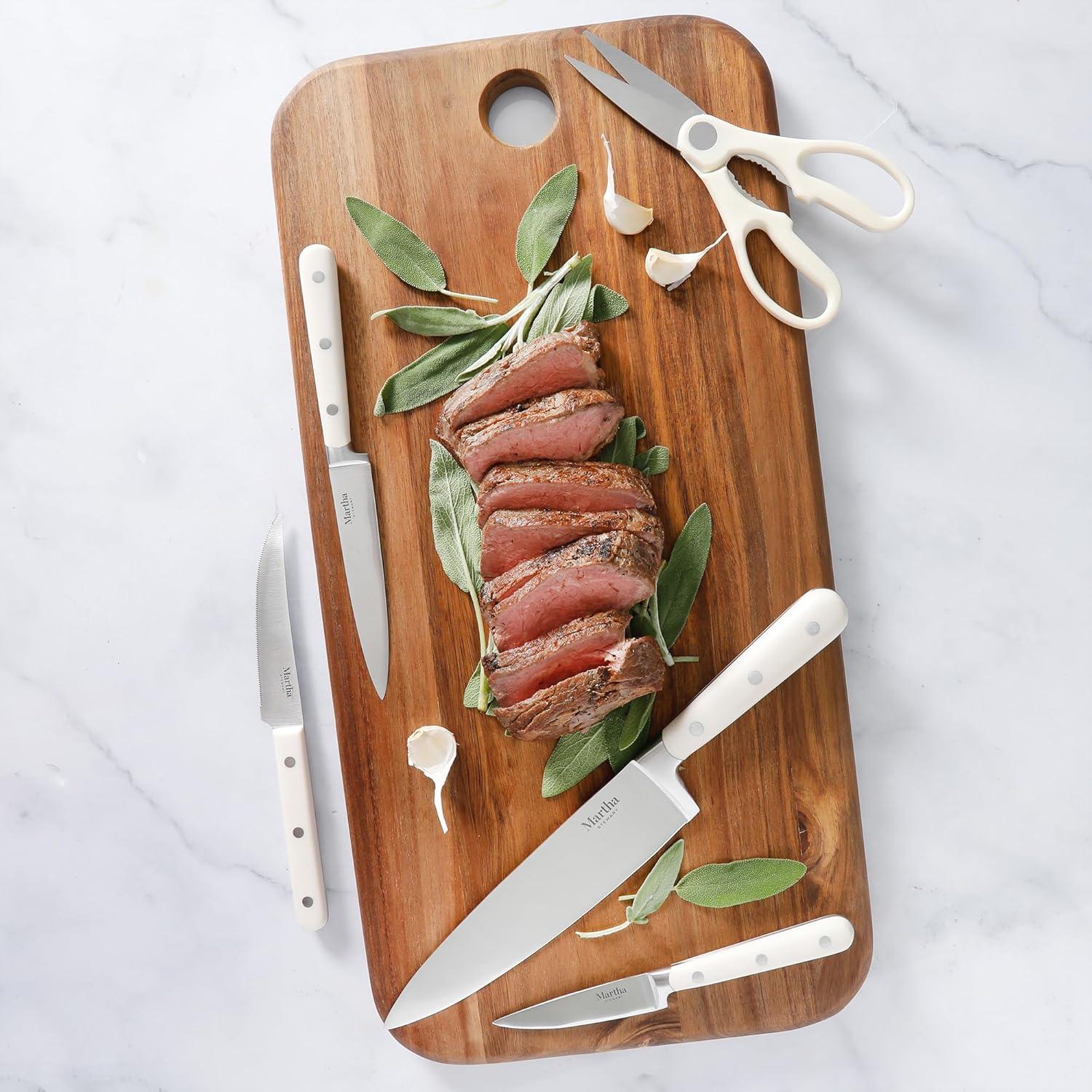 imageMARTHA STEWART Eastwalk 14 Piece High Carbon Stainless Steel Cutlery Kitchen Knife Block Set wABS Triple Riveted Forged Handle Acacia Wood Block Linen WhiteLinen