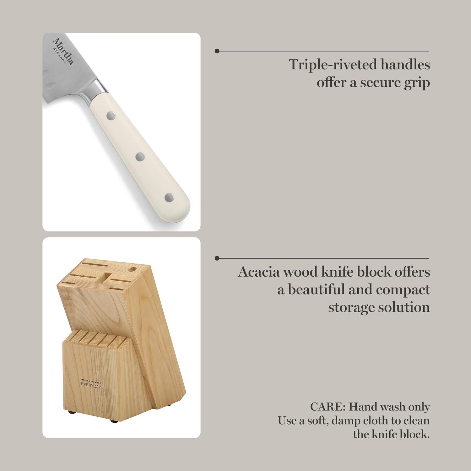 imageMARTHA STEWART Eastwalk 14 Piece High Carbon Stainless Steel Cutlery Kitchen Knife Block Set wABS Triple Riveted Forged Handle Acacia Wood Block Linen WhiteLinen