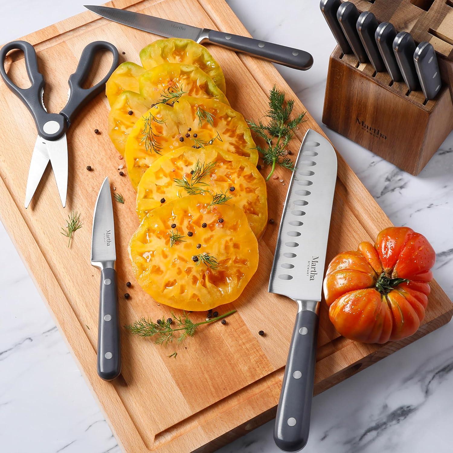 imageMARTHA STEWART Eastwalk 14 Piece High Carbon Stainless Steel Cutlery Kitchen Knife Block Set wABS Triple Riveted Forged Handle Acacia Wood Block Linen WhiteGray