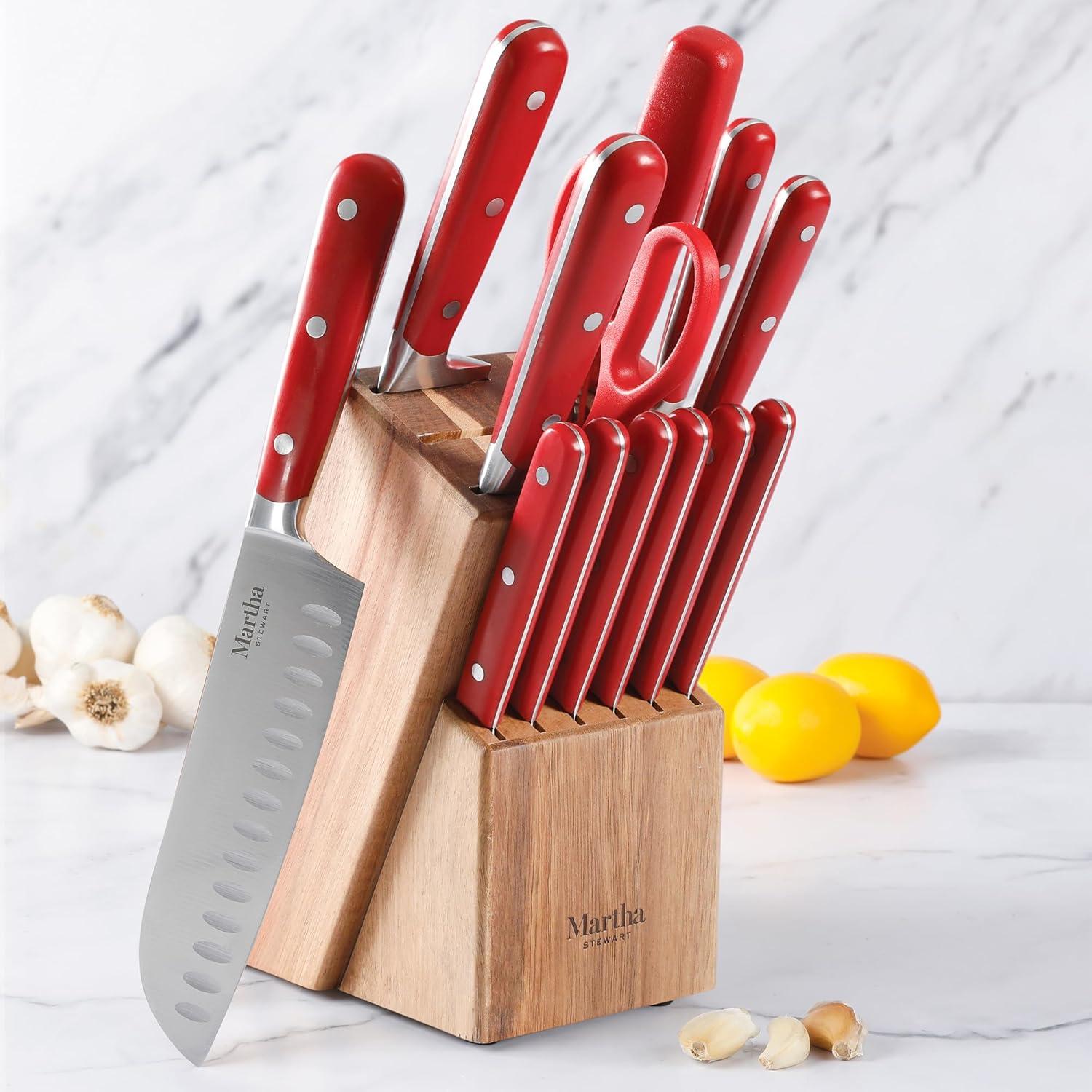 imageMARTHA STEWART Eastwalk 14 Piece High Carbon Stainless Steel Cutlery Kitchen Knife Block Set wABS Triple Riveted Forged Handle Acacia Wood Block Linen WhiteRed