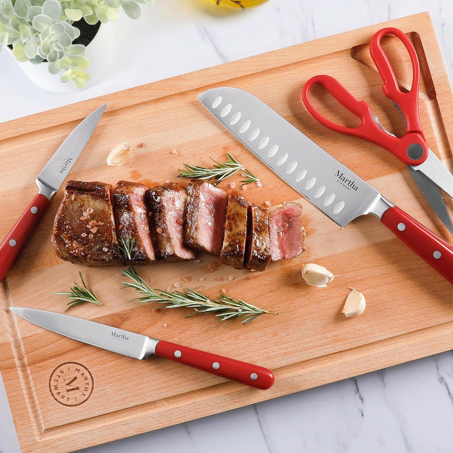 imageMARTHA STEWART Eastwalk 14 Piece High Carbon Stainless Steel Cutlery Kitchen Knife Block Set wABS Triple Riveted Forged Handle Acacia Wood Block Linen WhiteRed