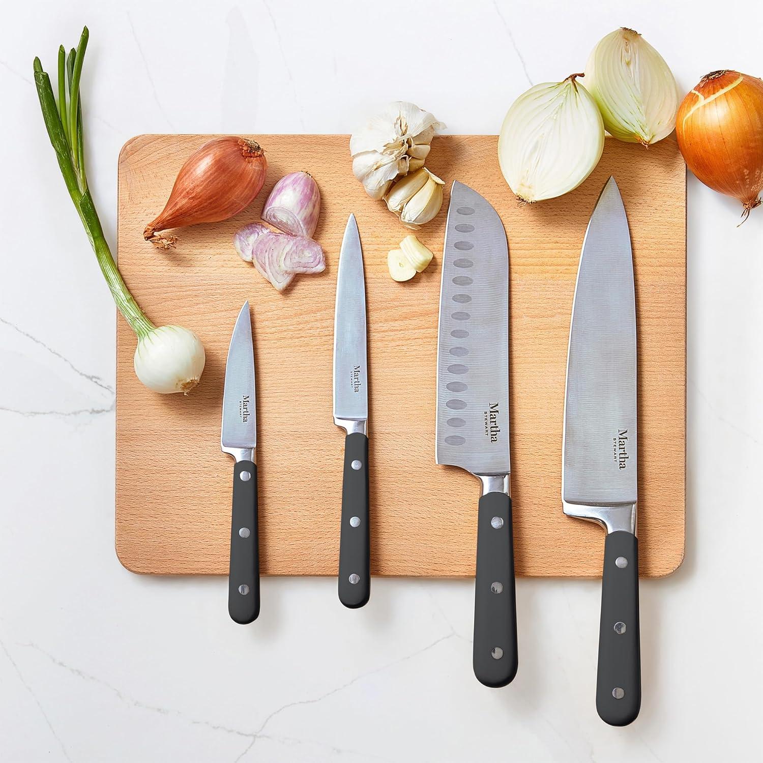 imageMARTHA STEWART Eastwalk 14 Piece High Carbon Stainless Steel Cutlery Kitchen Knife Block Set wABS Triple Riveted Forged Handle Acacia Wood Block Linen WhiteGray