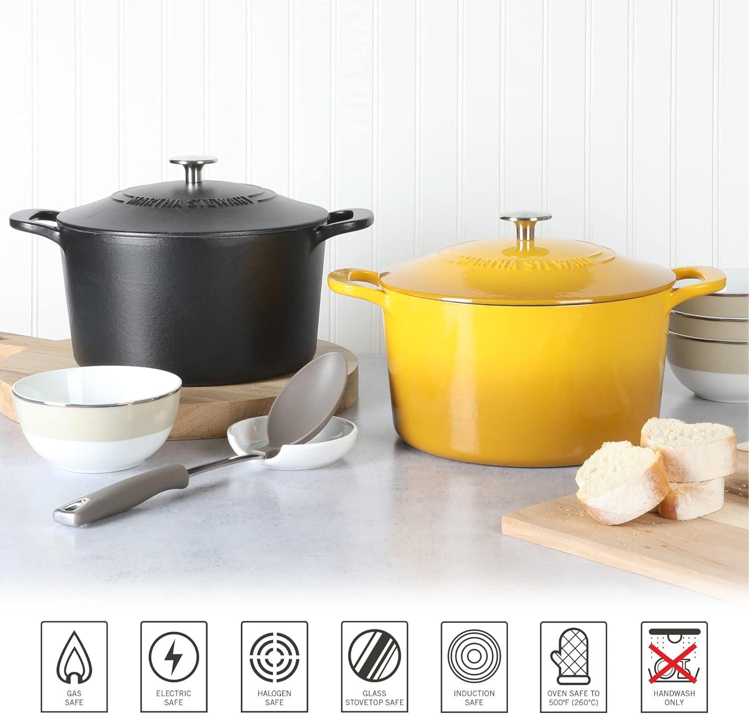 imageMARTHA STEWART Gatwick 7 QT Enamel Cast Iron Dutch Oven Pot with Lid Martha BlueBlack Matte