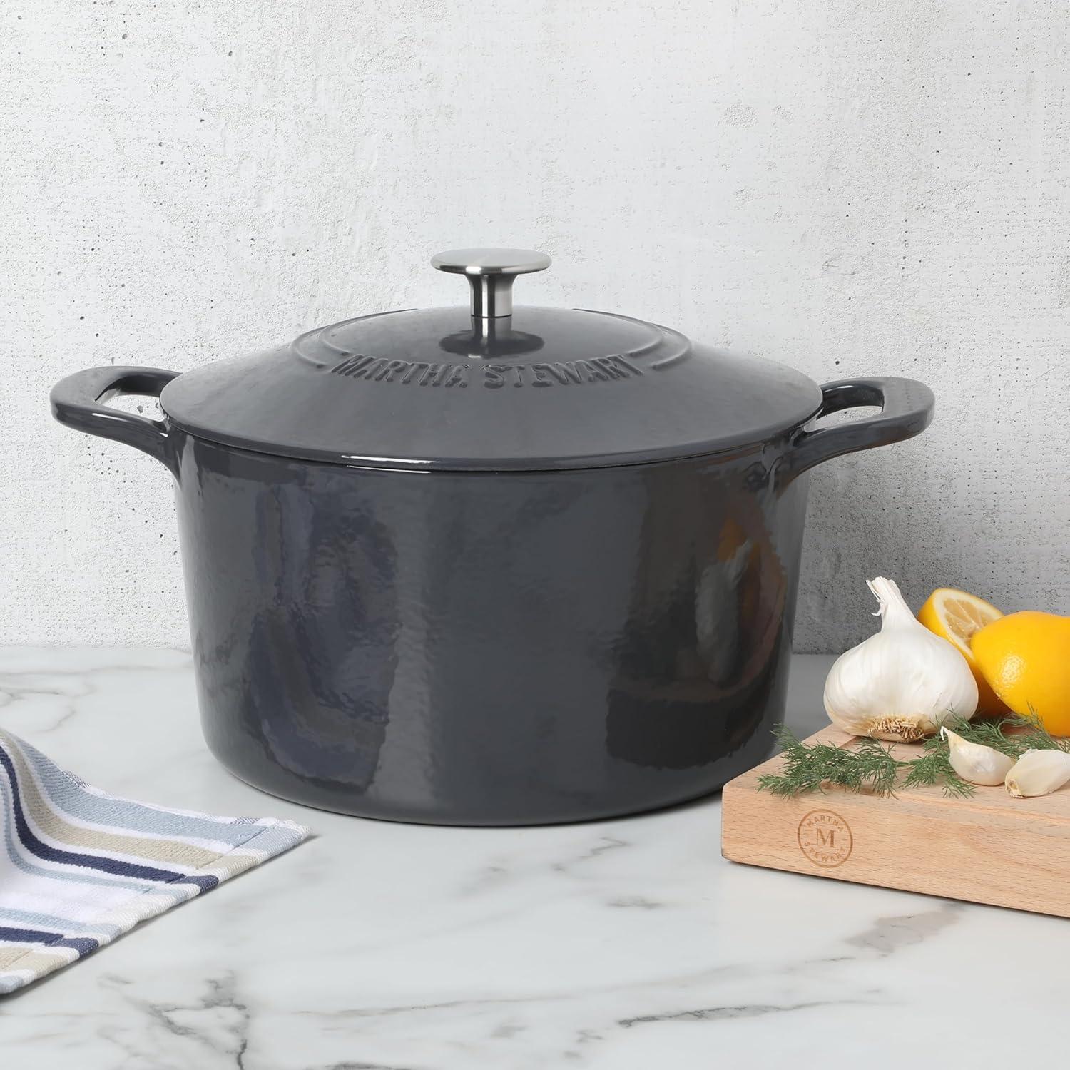 imageMARTHA STEWART Gatwick 7 QT Enamel Cast Iron Dutch Oven Pot with Lid Martha BlueGray