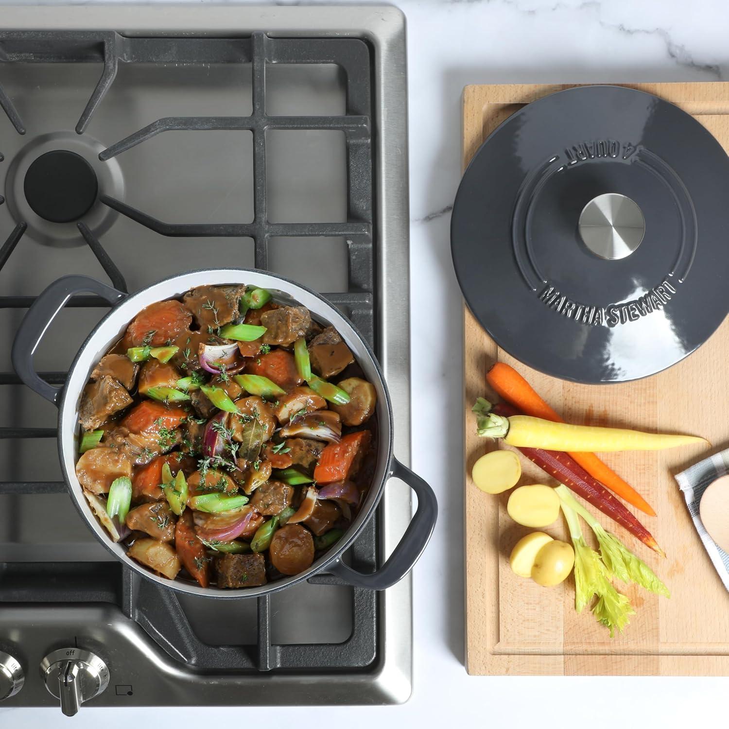 imageMARTHA STEWART Gatwick 7 QT Enamel Cast Iron Dutch Oven Pot with Lid Martha BlueGrey