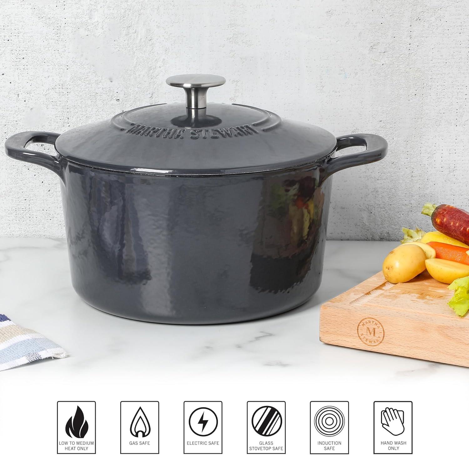 imageMARTHA STEWART Gatwick 7 QT Enamel Cast Iron Dutch Oven Pot with Lid Martha BlueGrey