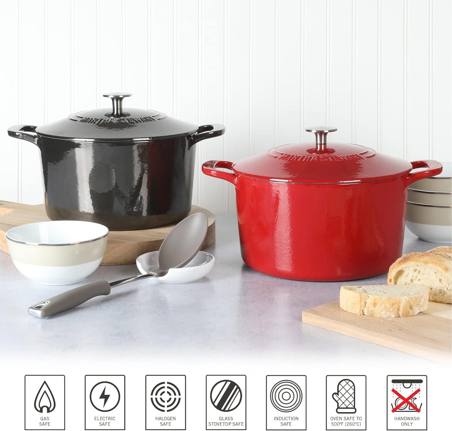 imageMARTHA STEWART Gatwick 7 QT Enamel Cast Iron Dutch Oven Pot with Lid Martha BlueGun Metal Gray