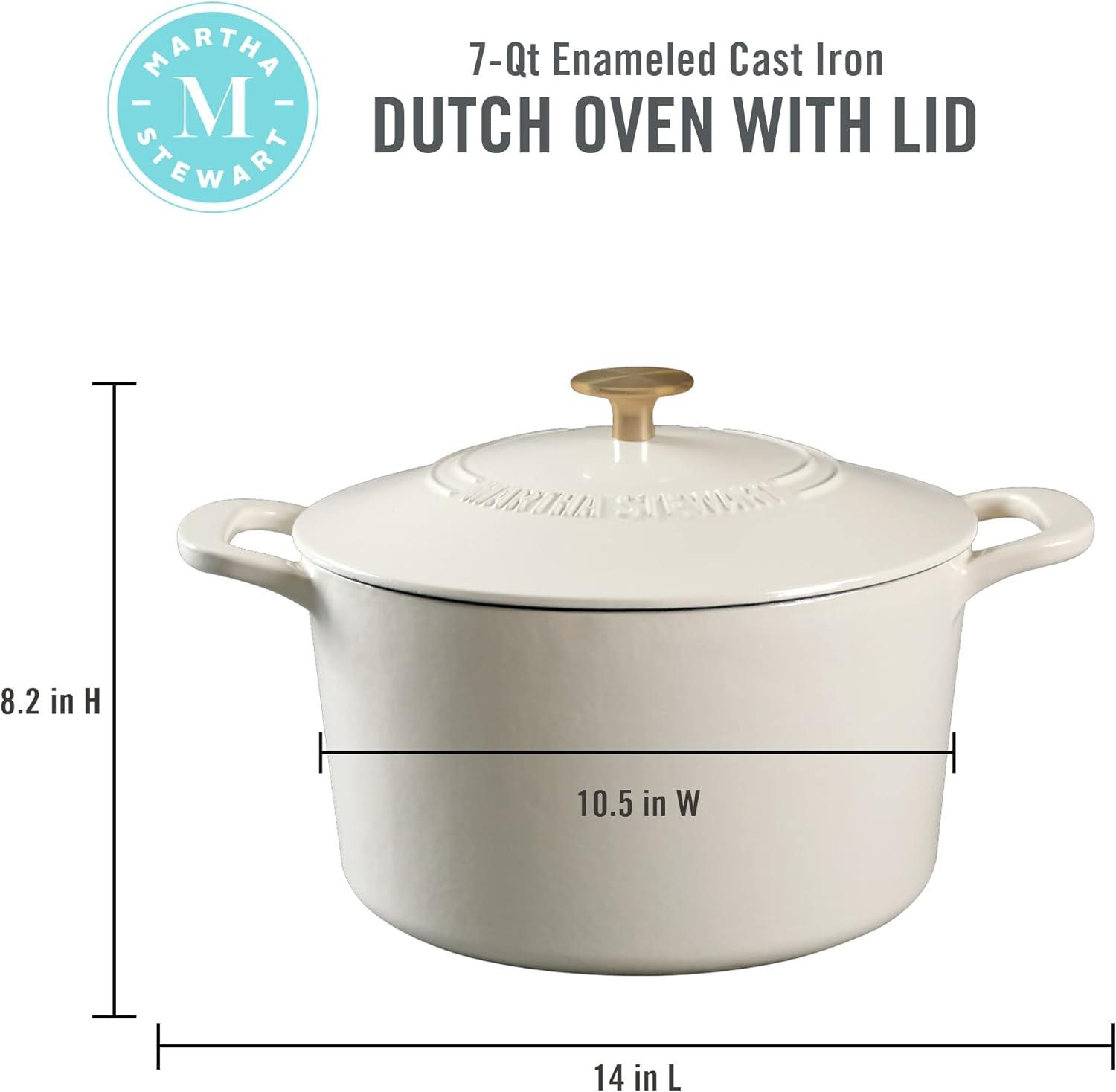 imageMARTHA STEWART Gatwick 7 QT Enamel Cast Iron Dutch Oven Pot with Lid Martha BlueLinen w Gold Knob