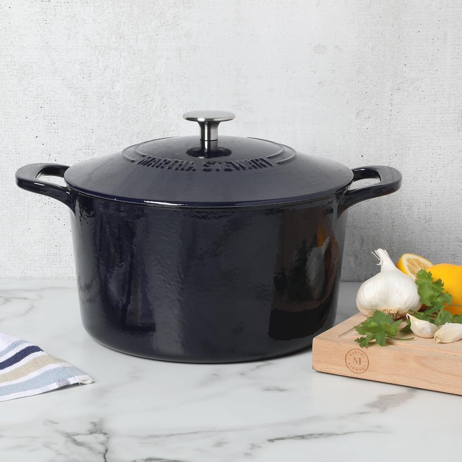 imageMARTHA STEWART Gatwick 7 QT Enamel Cast Iron Dutch Oven Pot with Lid Martha BlueNavy Blue