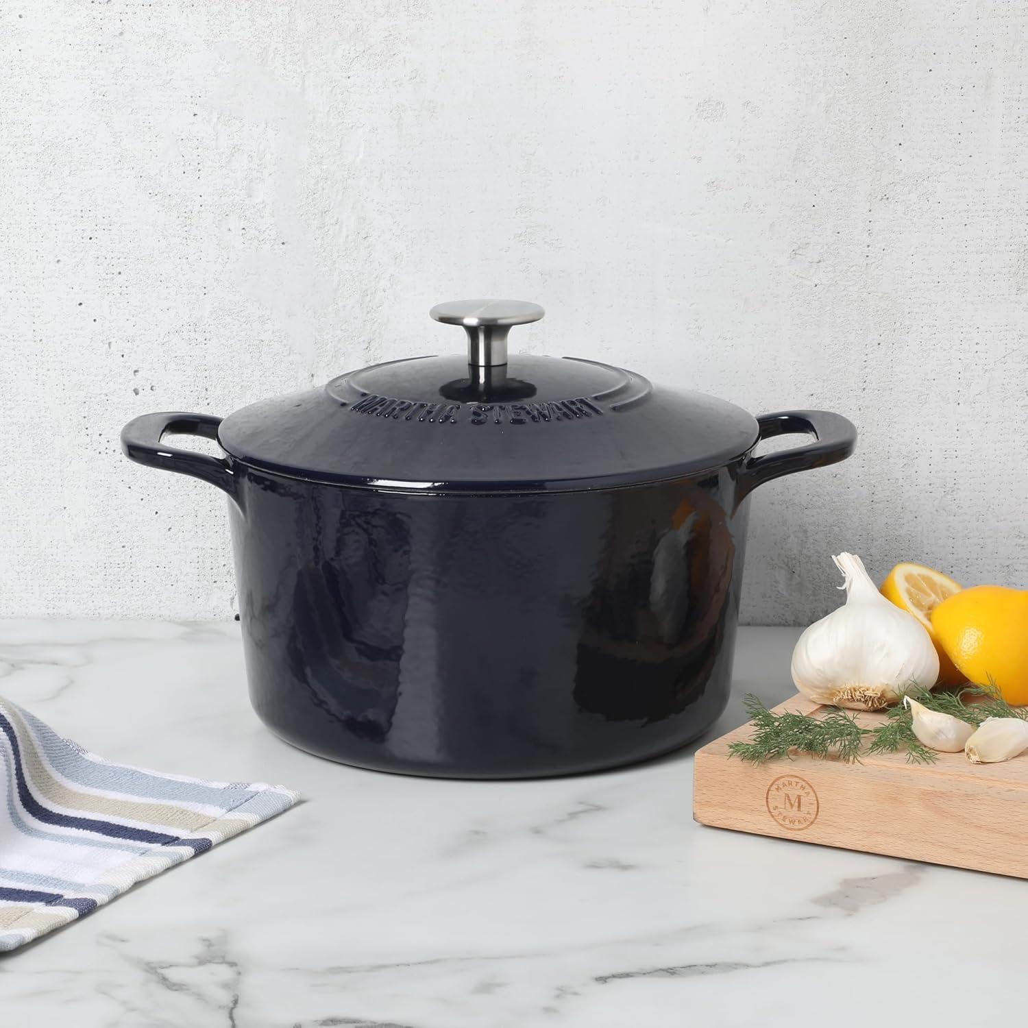 imageMARTHA STEWART Gatwick 7 QT Enamel Cast Iron Dutch Oven Pot with Lid Martha BlueNavy Blue