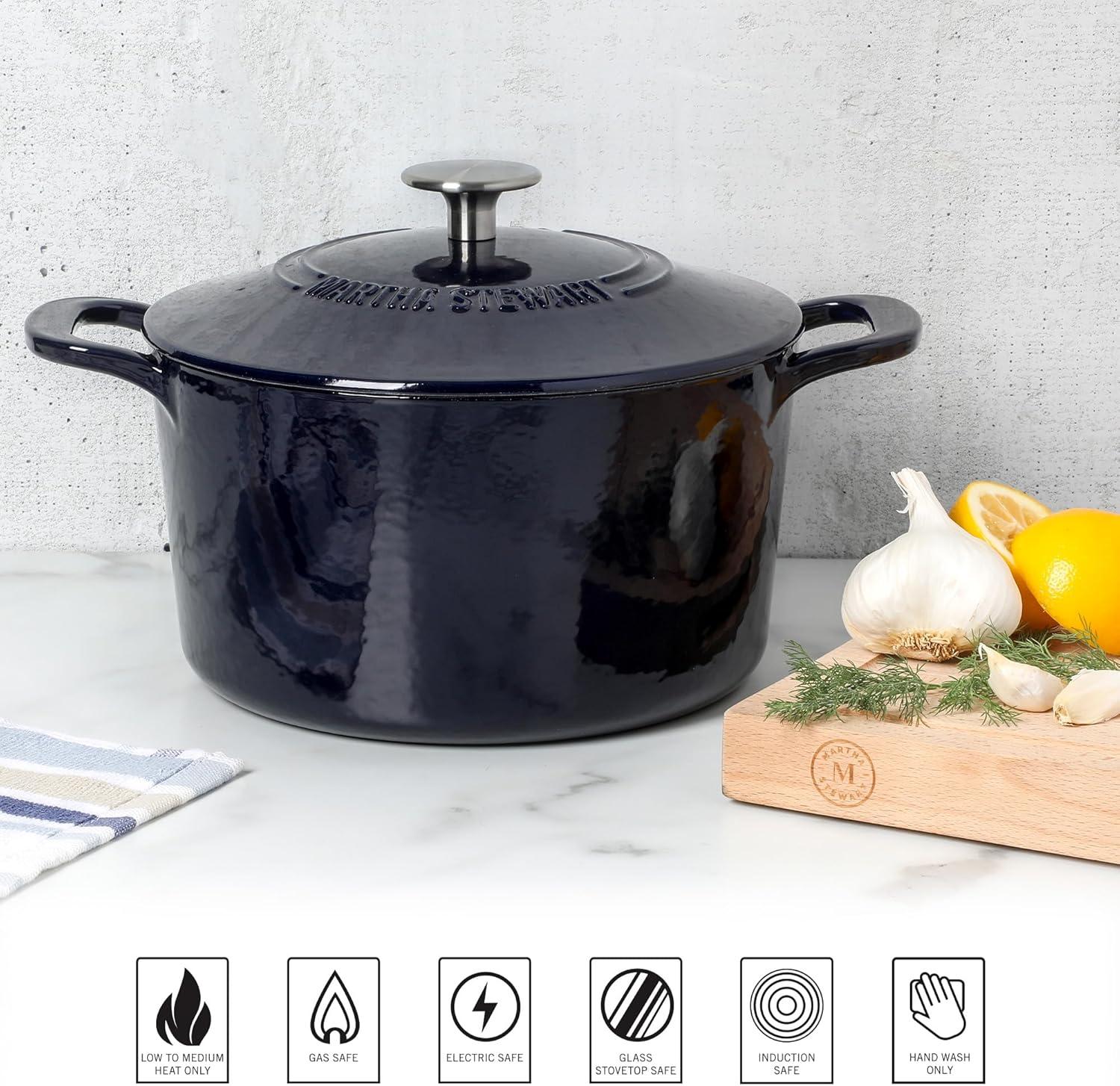 imageMARTHA STEWART Gatwick 7 QT Enamel Cast Iron Dutch Oven Pot with Lid Martha BlueNavy Blue