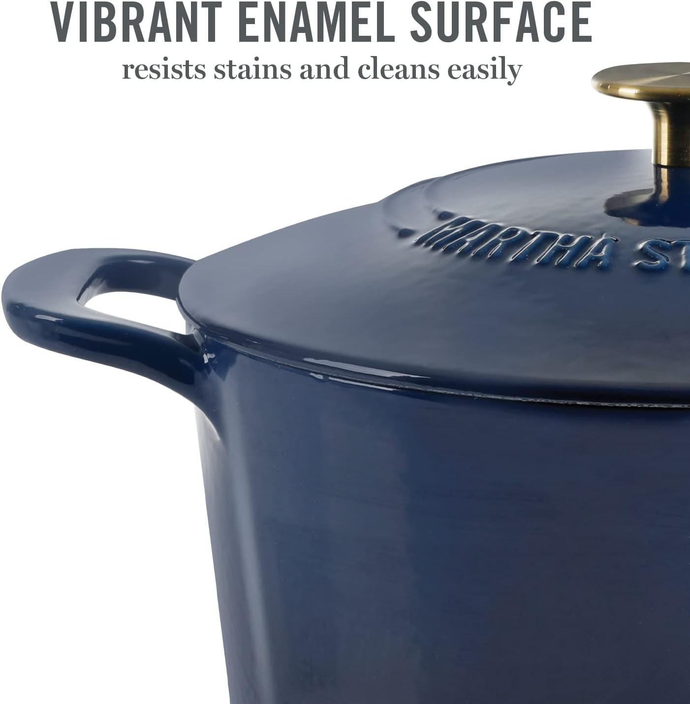imageMARTHA STEWART Gatwick 7 QT Enamel Cast Iron Dutch Oven Pot with Lid Martha BlueNavy w Gold Knob