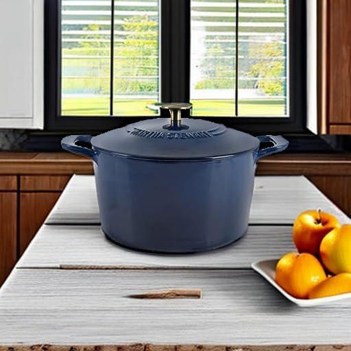 imageMARTHA STEWART Gatwick 7 QT Enamel Cast Iron Dutch Oven Pot with Lid Martha BlueNavy w Gold Knob