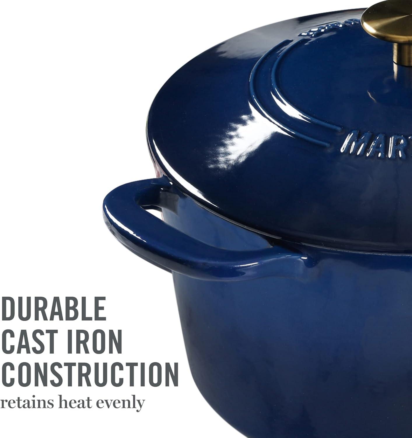 imageMARTHA STEWART Gatwick 7 QT Enamel Cast Iron Dutch Oven Pot with Lid Martha BlueNavy w Gold Knob