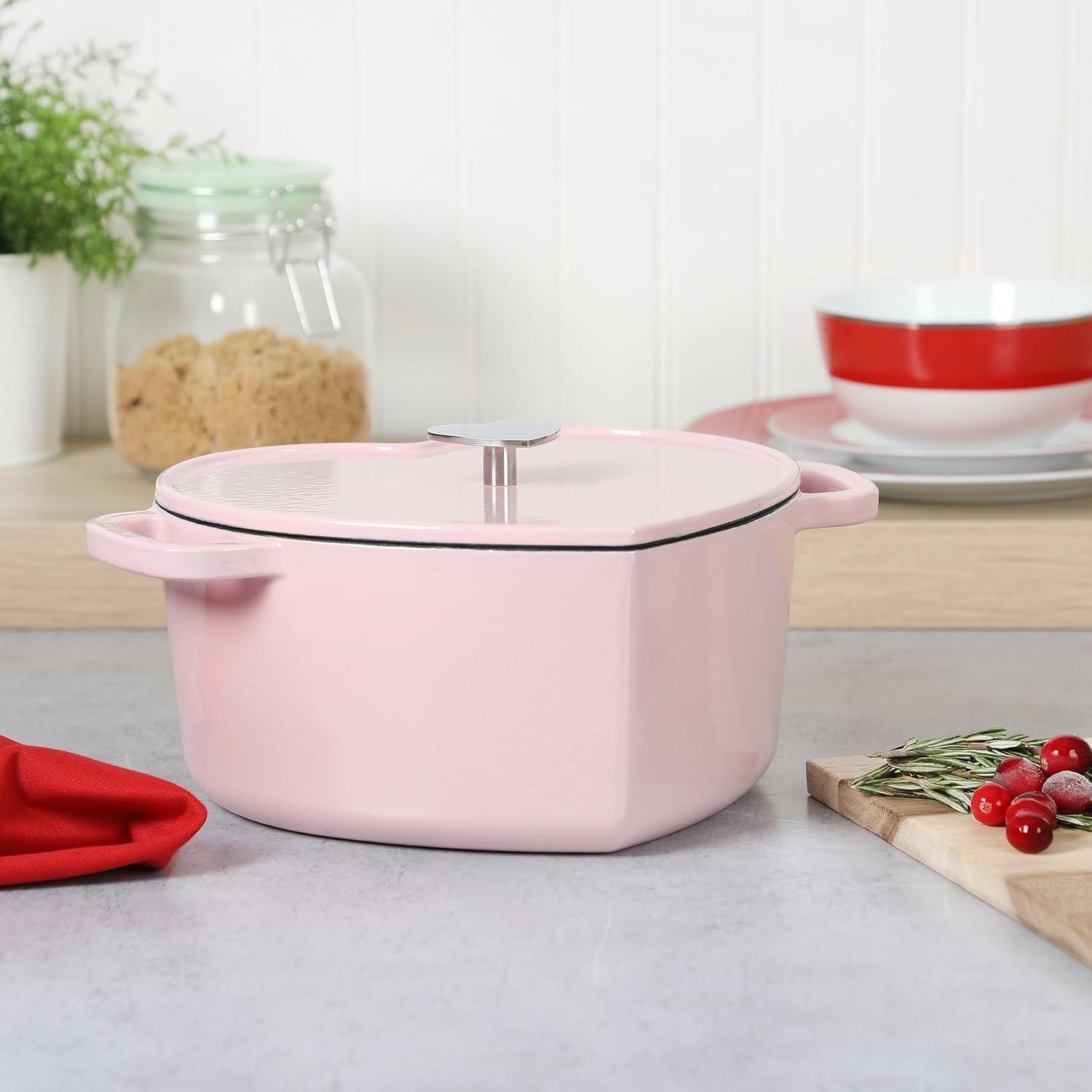 imageMARTHA STEWART Gatwick 7 QT Enamel Cast Iron Dutch Oven Pot with Lid Martha BluePink Heart Shaped