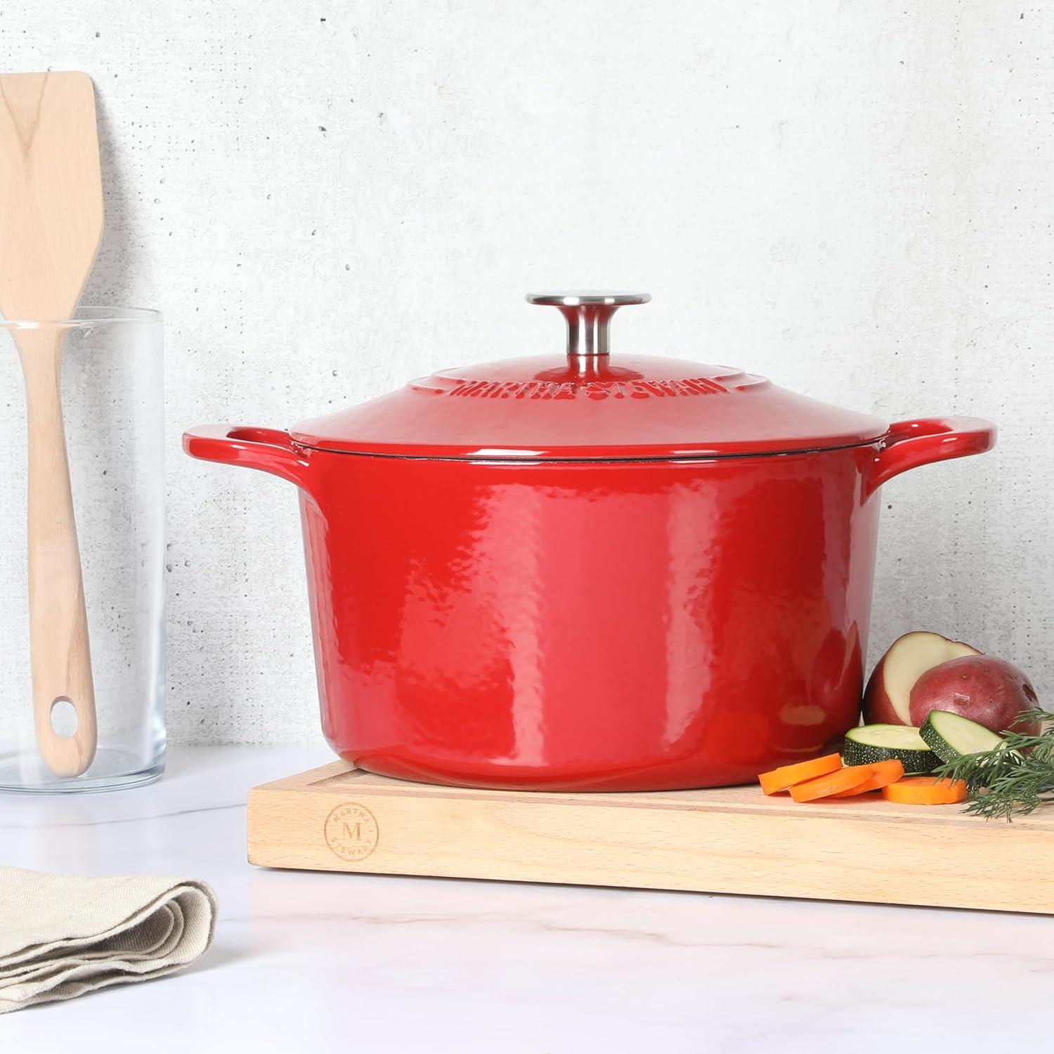 imageMARTHA STEWART Gatwick 7 QT Enamel Cast Iron Dutch Oven Pot with Lid Martha BlueRed