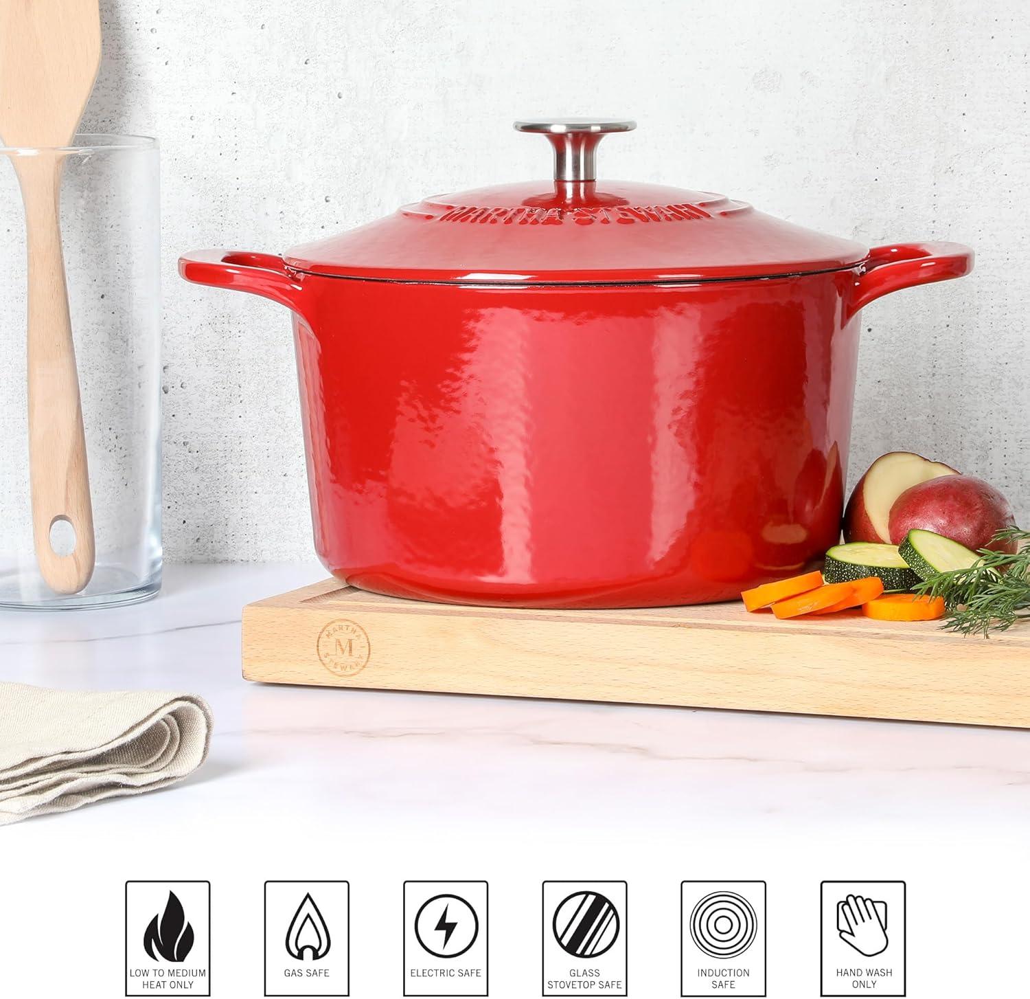 imageMARTHA STEWART Gatwick 7 QT Enamel Cast Iron Dutch Oven Pot with Lid Martha BlueRed