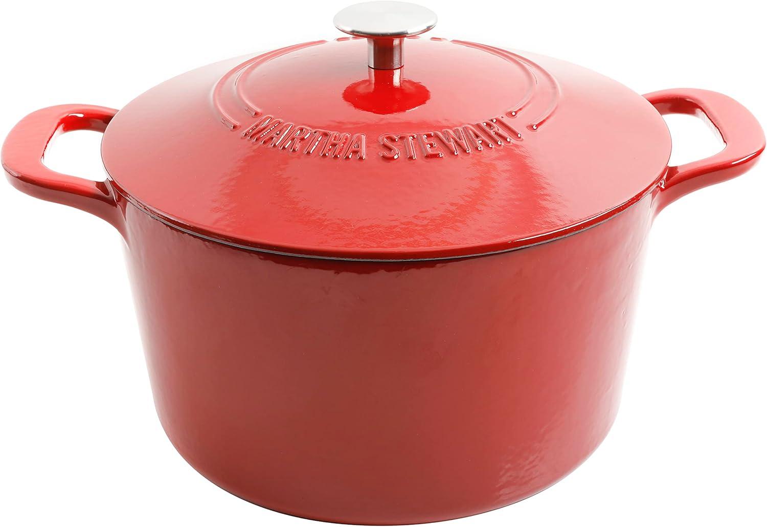 imageMARTHA STEWART Gatwick 7 QT Enamel Cast Iron Dutch Oven Pot with Lid Martha BlueRed