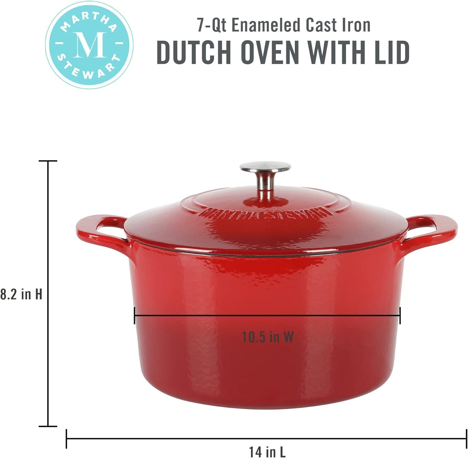 imageMARTHA STEWART Gatwick 7 QT Enamel Cast Iron Dutch Oven Pot with Lid Martha BlueRed Ombre