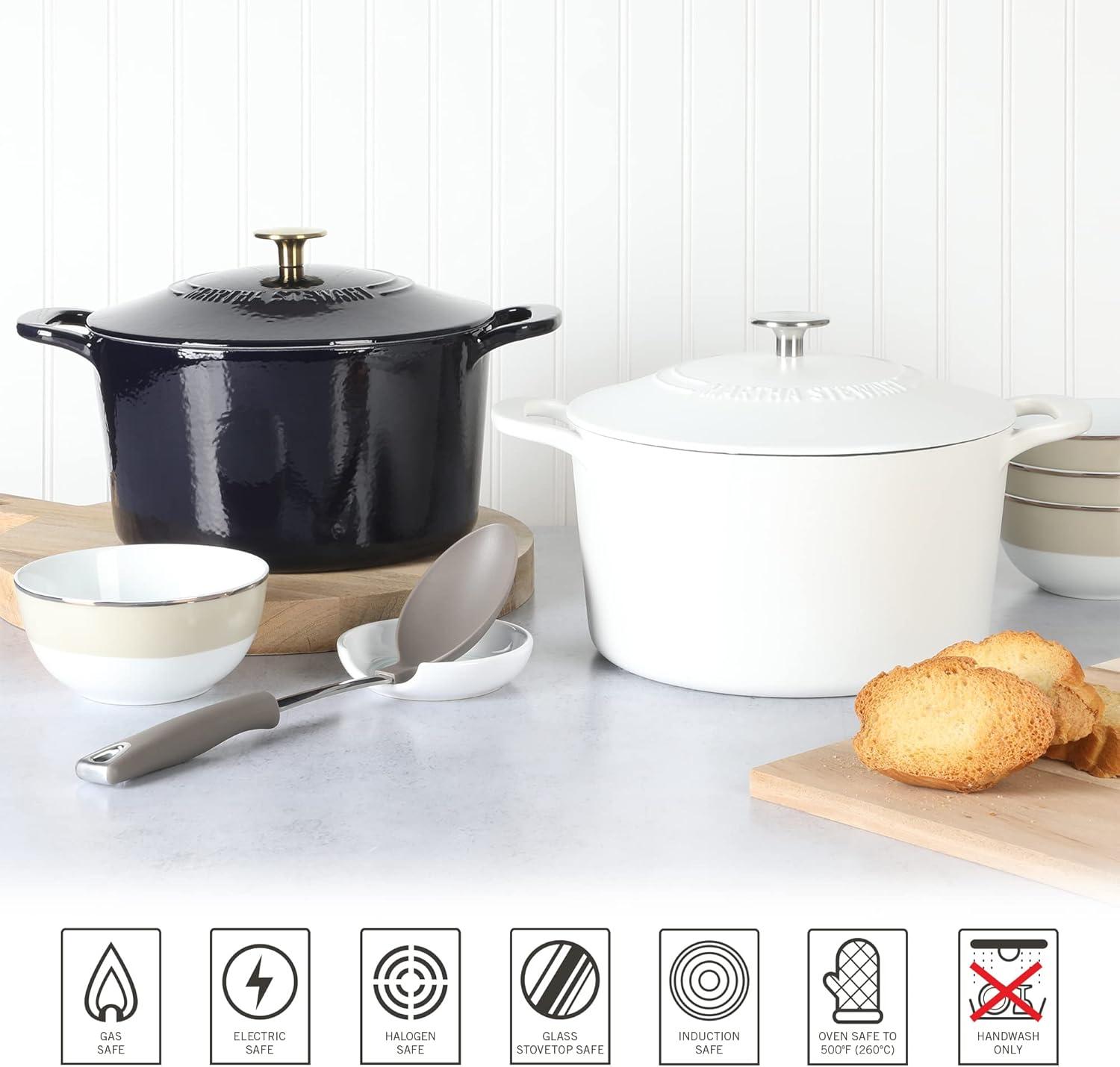 imageMARTHA STEWART Gatwick 7 QT Enamel Cast Iron Dutch Oven Pot with Lid Martha BlueWhite Matte