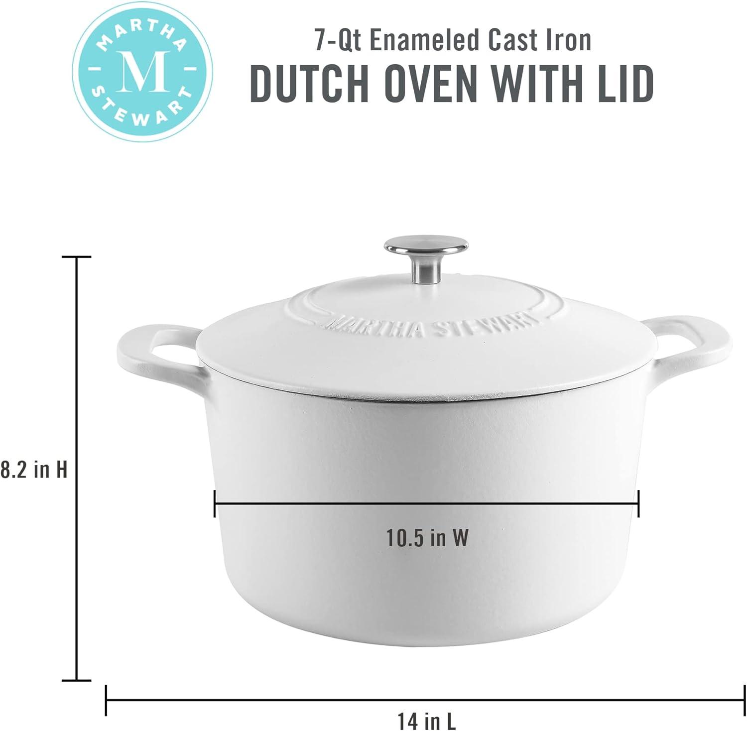 imageMARTHA STEWART Gatwick 7 QT Enamel Cast Iron Dutch Oven Pot with Lid Martha BlueWhite Matte