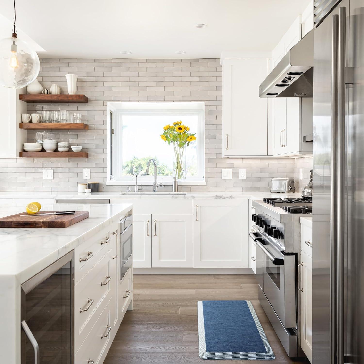 imageMARTHA STEWART Mira Modern Heathered Solid AntiFatigue AirInfused Kitchen Mat Brown 196quotx32quotNavy Blue