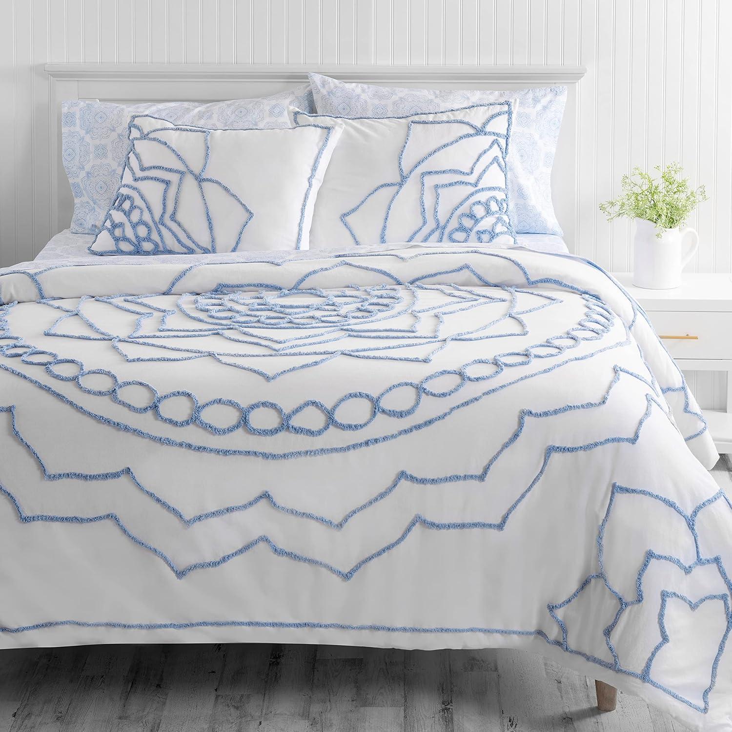 imageMARTHA STEWART Natalie King Size Duvet 3 Piece Set1 Duvet Cover 2 Pillow Shams Crinkle Velvet Texture Soft ampamp Royal Machine Wash 104quotx92quot with Button Closure ChampagneEmbroidered White
