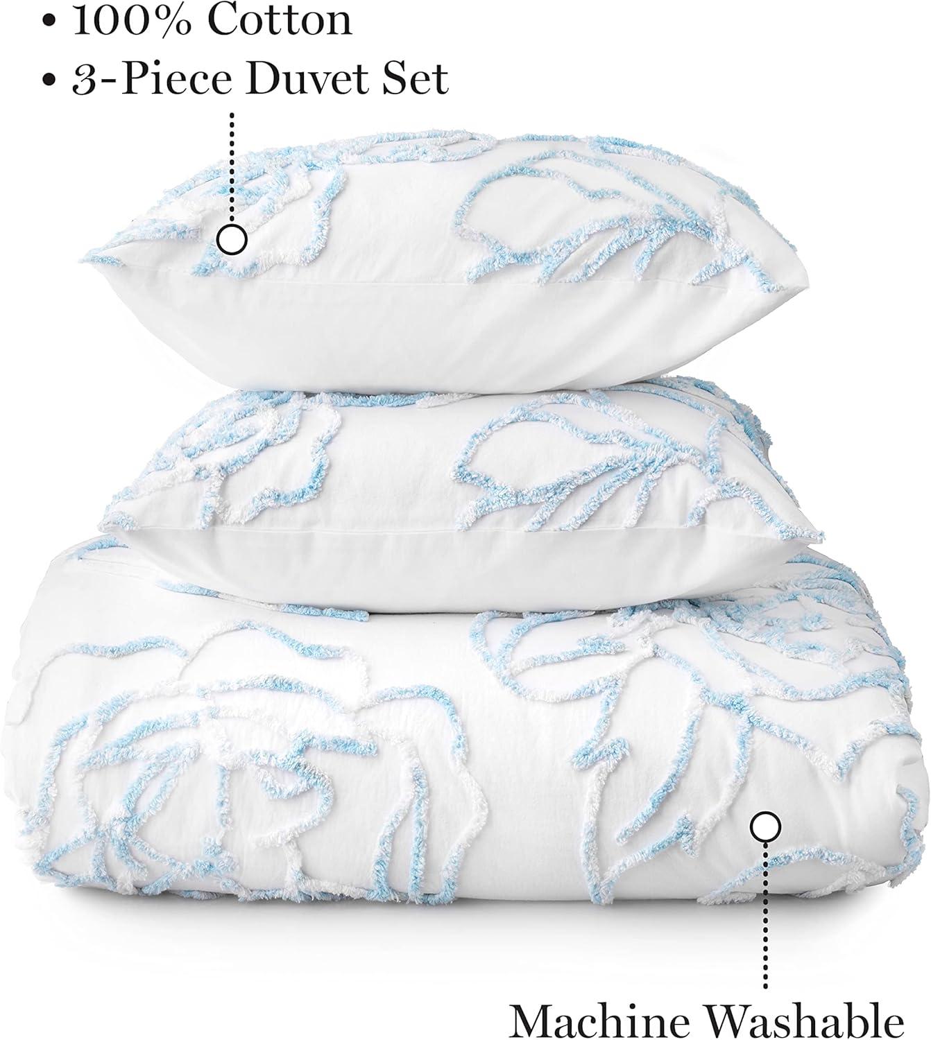 imageMARTHA STEWART Natalie King Size Duvet 3 Piece Set1 Duvet Cover 2 Pillow Shams Crinkle Velvet Texture Soft ampamp Royal Machine Wash 104quotx92quot with Button Closure ChampagneFederal Blue White