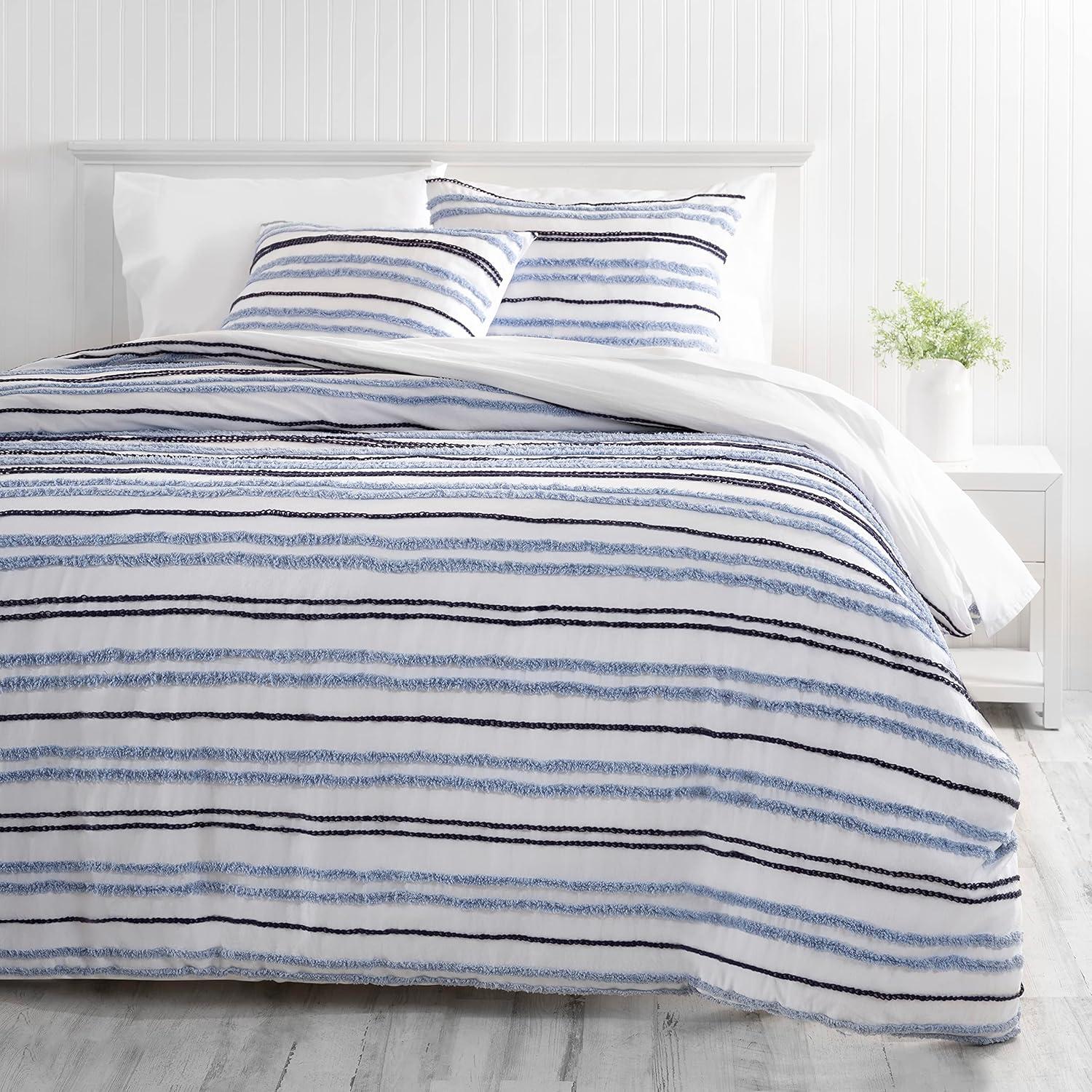 imageMARTHA STEWART Natalie King Size Duvet 3 Piece Set1 Duvet Cover 2 Pillow Shams Crinkle Velvet Texture Soft ampamp Royal Machine Wash 104quotx92quot with Button Closure ChampagneSoft Blue