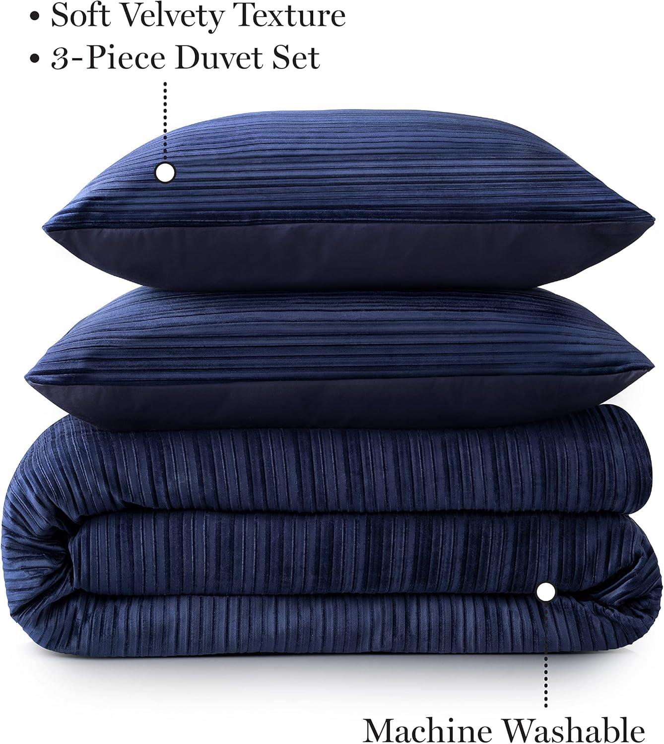 imageMARTHA STEWART Natalie King Size Duvet 3 Piece Set1 Duvet Cover 2 Pillow Shams Crinkle Velvet Texture Soft ampamp Royal Machine Wash 104quotx92quot with Button Closure ChampagneNavy