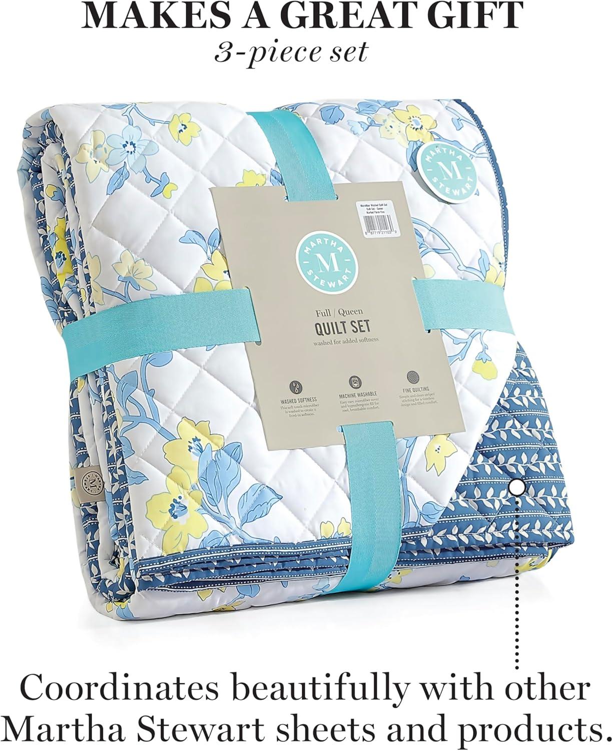 imageMARTHA STEWART Twin Size Quilt Bedding Set 2 Piece Soft Washed Microfiber Printed Bedspread Reversible All Season 1 Quilt 1 Standard Pillow Sham Blue White ampamp Red Painted Floral PrintMaribel Floral Vine