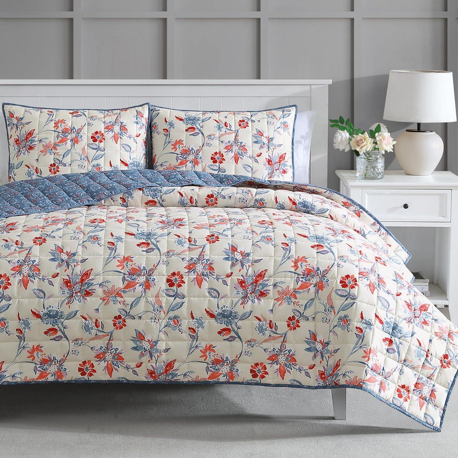 imageMARTHA STEWART Twin Size Quilt Bedding Set 2 Piece Soft Washed Microfiber Printed Bedspread Reversible All Season 1 Quilt 1 Standard Pillow Sham Blue White ampamp Red Painted Floral PrintNadine Painted Jacobean