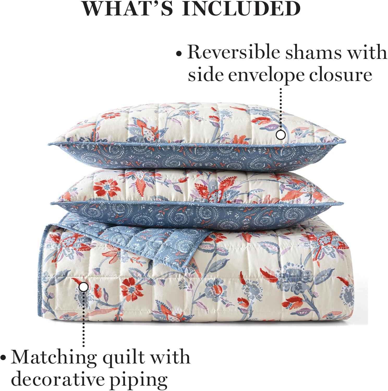 imageMARTHA STEWART Twin Size Quilt Bedding Set 2 Piece Soft Washed Microfiber Printed Bedspread Reversible All Season 1 Quilt 1 Standard Pillow Sham Blue White ampamp Red Painted Floral PrintNadine Painted Jacobean