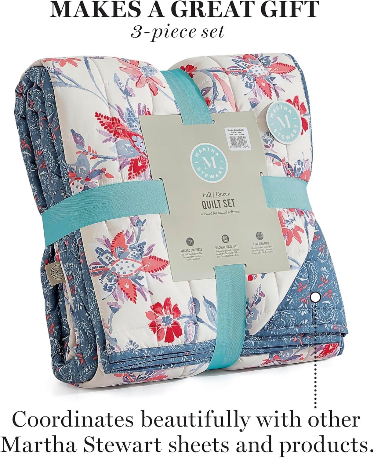 imageMARTHA STEWART Twin Size Quilt Bedding Set 2 Piece Soft Washed Microfiber Printed Bedspread Reversible All Season 1 Quilt 1 Standard Pillow Sham Blue White ampamp Red Painted Floral PrintNadine Painted Jacobean