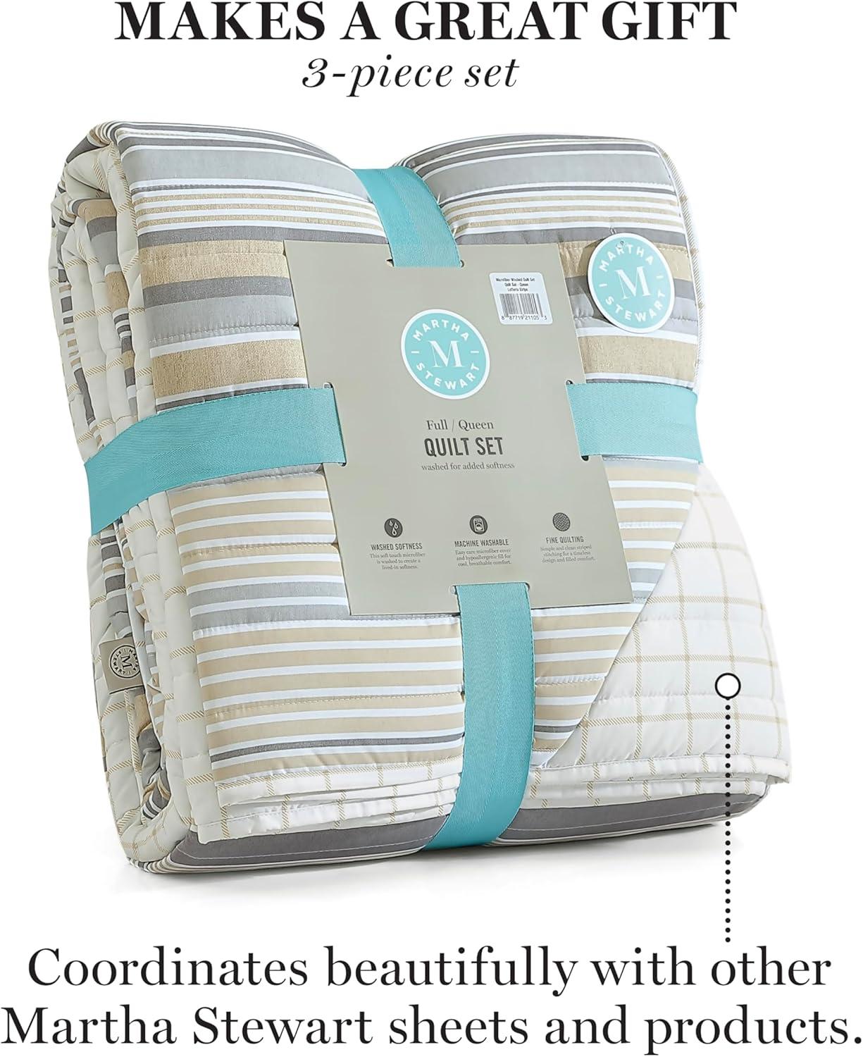 imageMARTHA STEWART Twin Size Quilt Bedding Set 2 Piece Soft Washed Microfiber Printed Bedspread Reversible All Season 1 Quilt 1 Standard Pillow Sham Blue White ampamp Red Painted Floral PrintLefferts Stripe