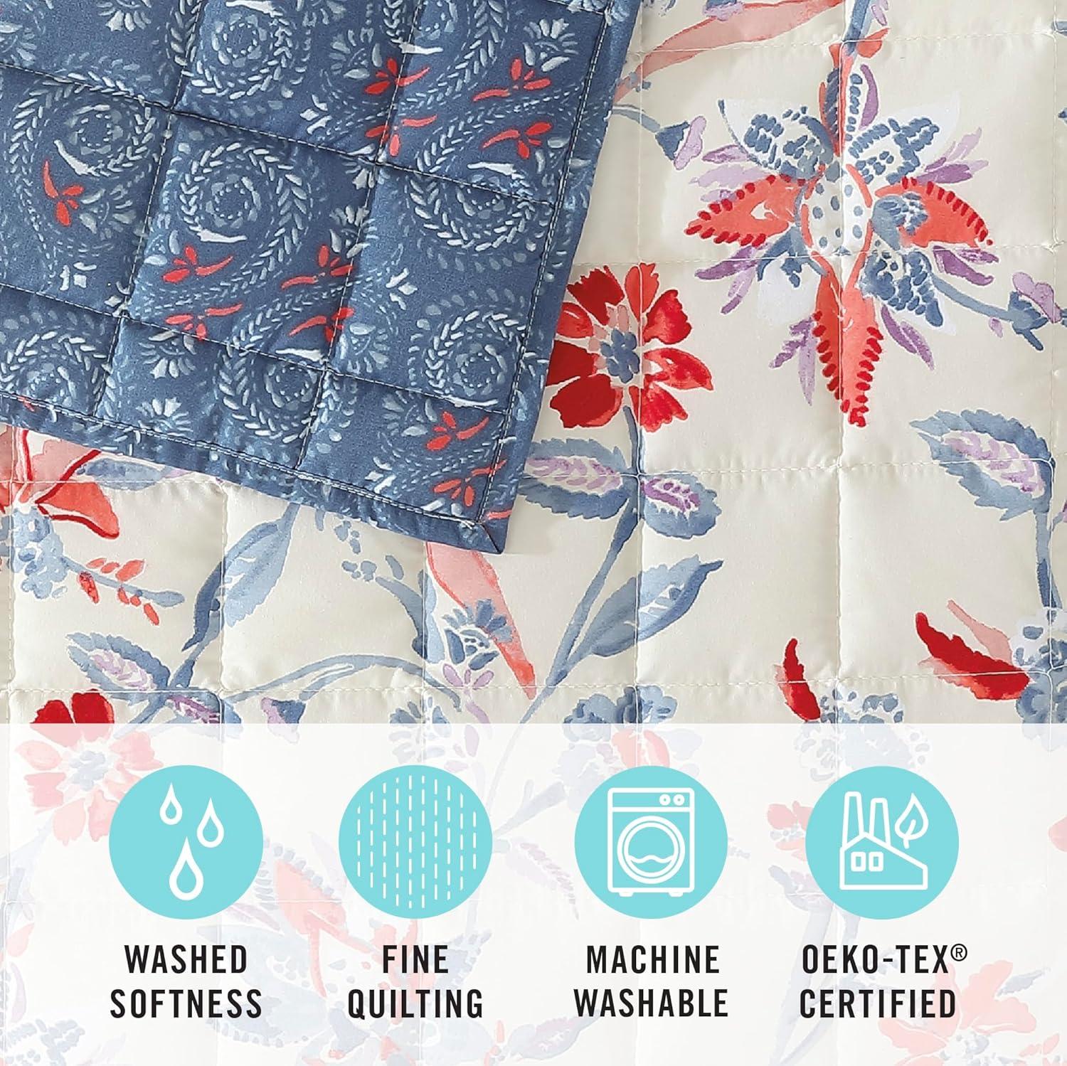 imageMARTHA STEWART Twin Size Quilt Bedding Set 2 Piece Soft Washed Microfiber Printed Bedspread Reversible All Season 1 Quilt 1 Standard Pillow Sham Blue White ampamp Red Painted Floral PrintNadine Painted Jacobean