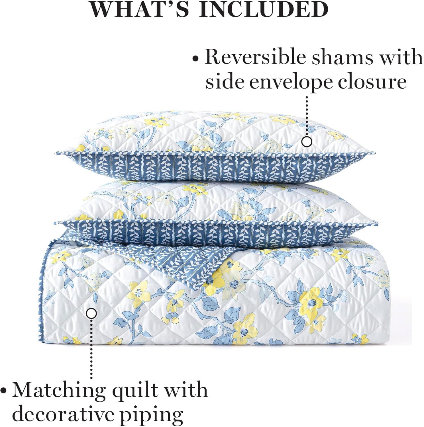 imageMARTHA STEWART Twin Size Quilt Bedding Set 2 Piece Soft Washed Microfiber Printed Bedspread Reversible All Season 1 Quilt 1 Standard Pillow Sham Blue White ampamp Red Painted Floral PrintMaribel Floral Vine