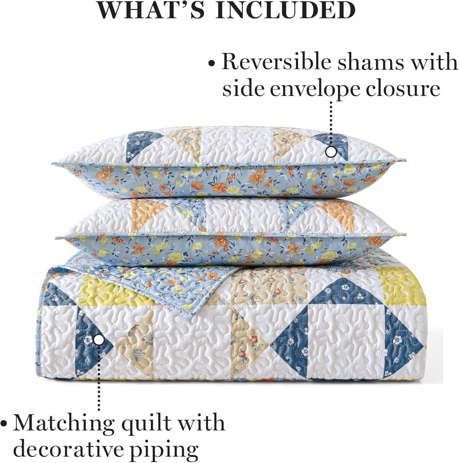 imageMARTHA STEWART Twin Size Quilt Bedding Set 2 Piece Soft Washed Microfiber Printed Bedspread Reversible All Season 1 Quilt 1 Standard Pillow Sham Blue White ampamp Red Painted Floral PrintKite Ditsy Patchwork