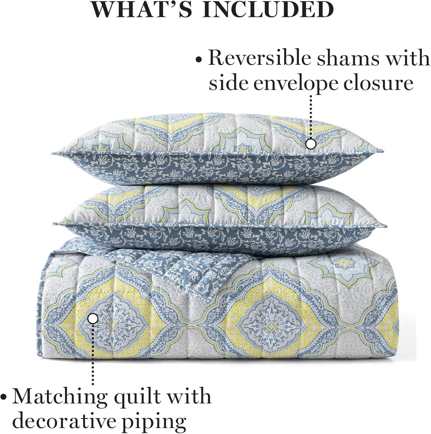 imageMARTHA STEWART Twin Size Quilt Bedding Set 2 Piece Soft Washed Microfiber Printed Bedspread Reversible All Season 1 Quilt 1 Standard Pillow Sham Blue White ampamp Red Painted Floral PrintJamie Medallion