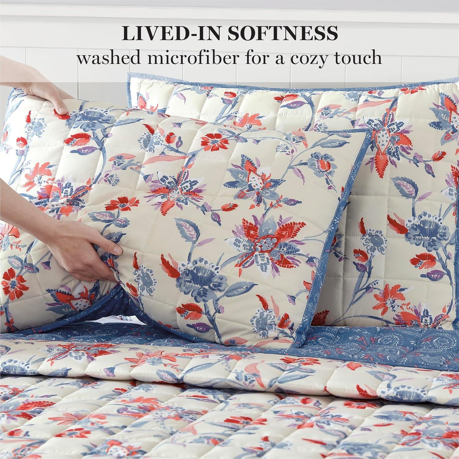 imageMARTHA STEWART Twin Size Quilt Bedding Set 2 Piece Soft Washed Microfiber Printed Bedspread Reversible All Season 1 Quilt 1 Standard Pillow Sham Blue White ampamp Red Painted Floral PrintNadine Painted Jacobean