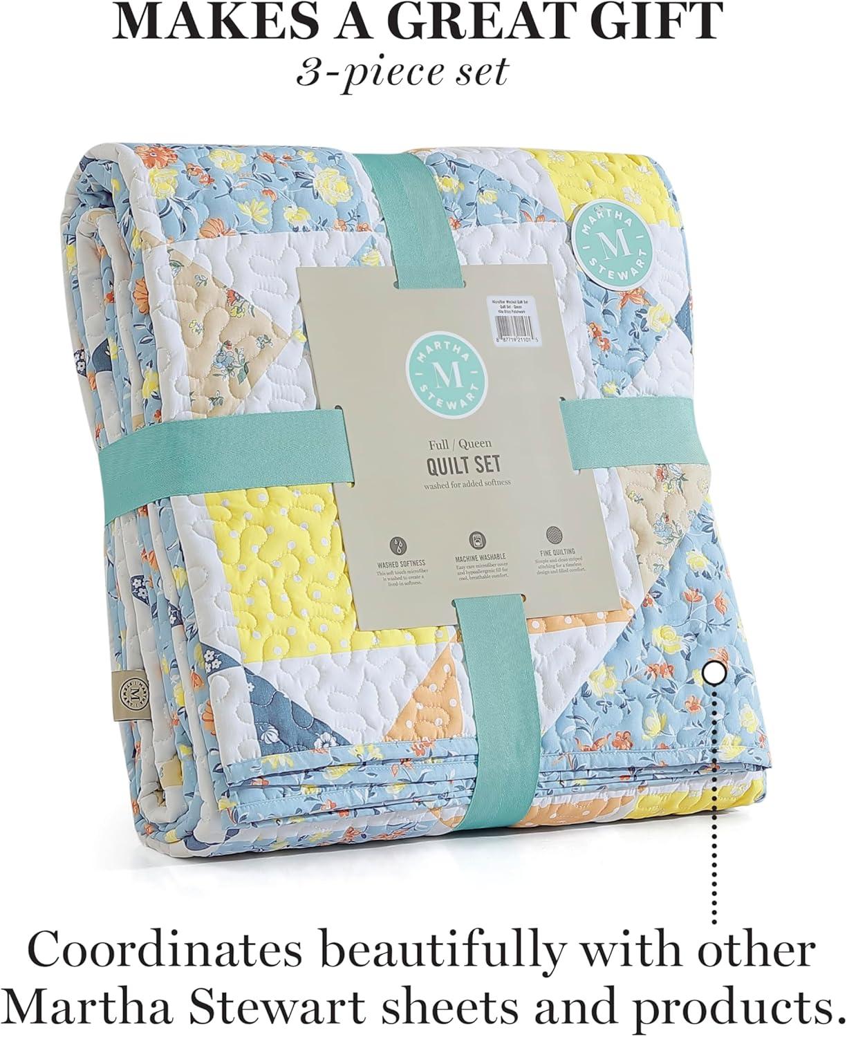 imageMARTHA STEWART Twin Size Quilt Bedding Set 2 Piece Soft Washed Microfiber Printed Bedspread Reversible All Season 1 Quilt 1 Standard Pillow Sham Blue White ampamp Red Painted Floral PrintKite Ditsy Patchwork