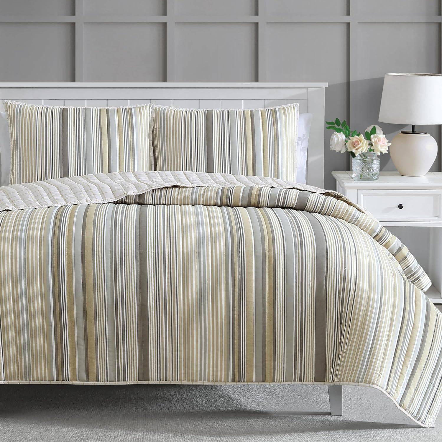 imageMARTHA STEWART Twin Size Quilt Bedding Set 2 Piece Soft Washed Microfiber Printed Bedspread Reversible All Season 1 Quilt 1 Standard Pillow Sham Blue White ampamp Red Painted Floral PrintLefferts Stripe